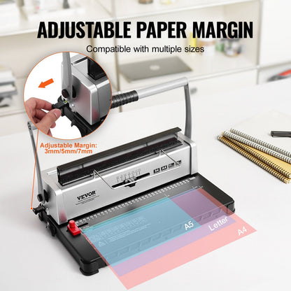 Manual Spiral Binding Machine, 34-Hole, Binds up to 120 Sheets, Adjustable Spines