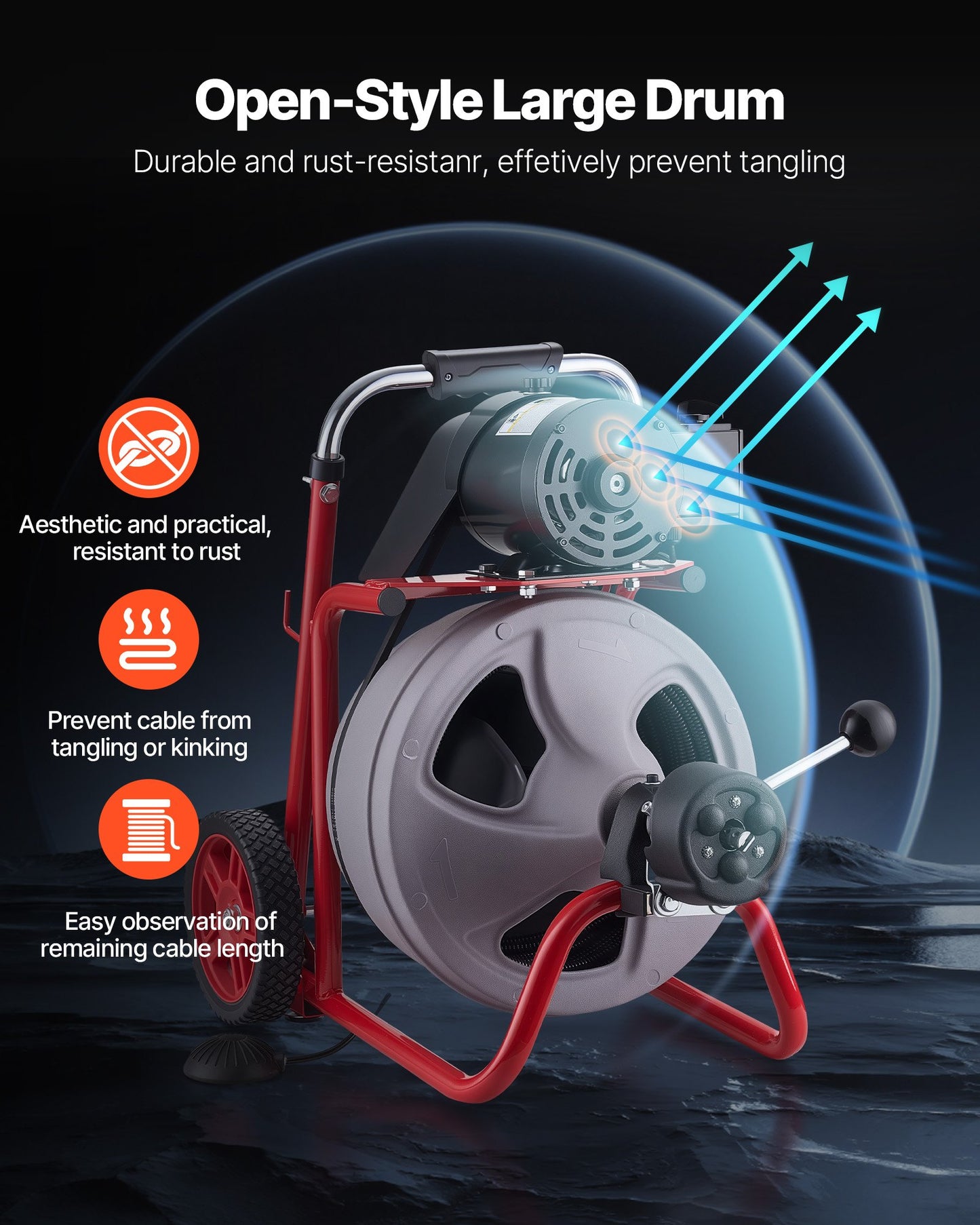 Drain Cleaner Machine 22m x 9.5mm, Auto Feed Sewer Snake Drain Auger on Wheels, Portable Drain Cleaning Machine with 8 Cutters & Air-Activated Foot Switch for 50mm to 100mm Pipes