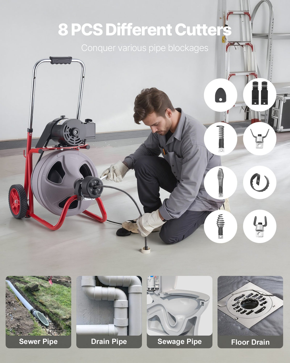 Drain Cleaner Machine 22m x 9.5mm, Auto Feed Sewer Snake Drain Auger on Wheels, Portable Drain Cleaning Machine with 8 Cutters & Air-Activated Foot Switch for 50mm to 100mm Pipes