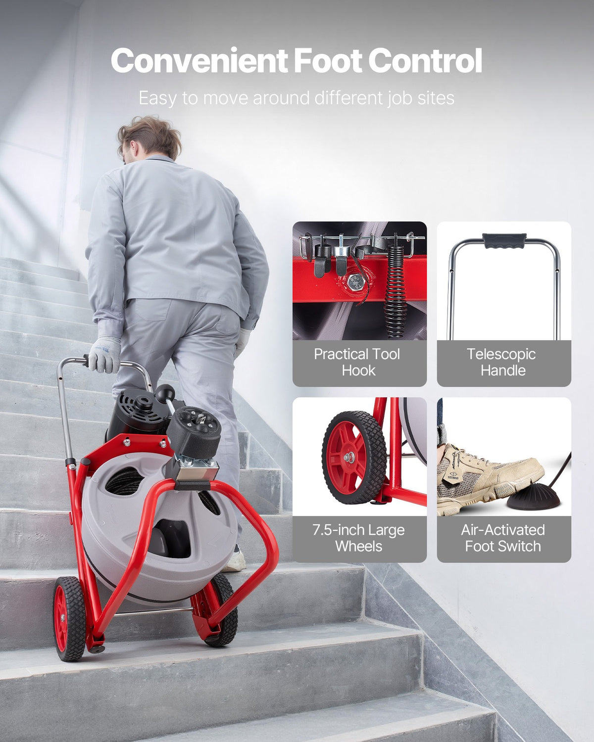 Drain Cleaner Machine 22m x 9.5mm, Auto Feed Sewer Snake Drain Auger on Wheels, Portable Drain Cleaning Machine with 8 Cutters & Air-Activated Foot Switch for 50mm to 100mm Pipes