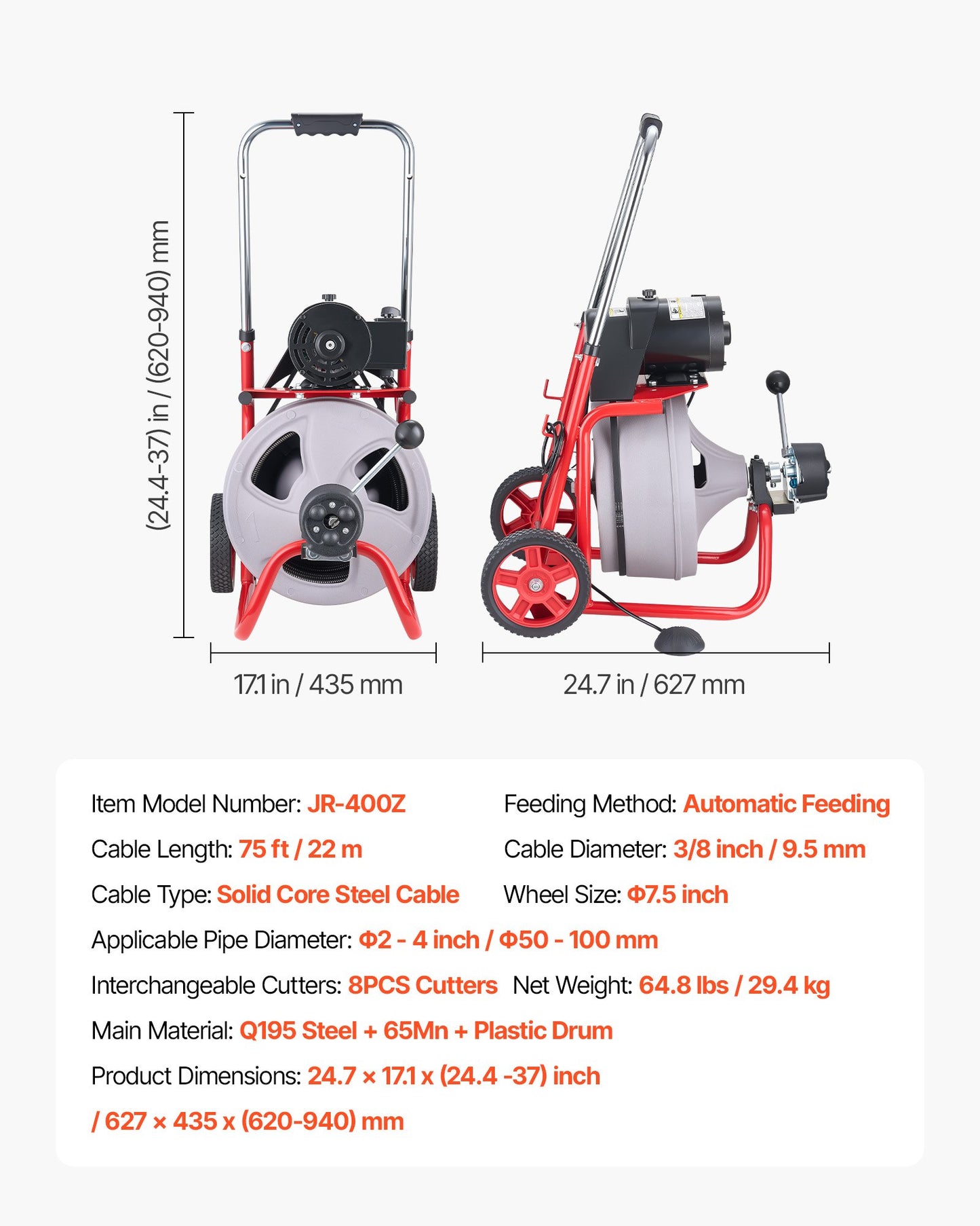 Drain Cleaner Machine 22m x 9.5mm, Auto Feed Sewer Snake Drain Auger on Wheels, Portable Drain Cleaning Machine with 8 Cutters & Air-Activated Foot Switch for 50mm to 100mm Pipes