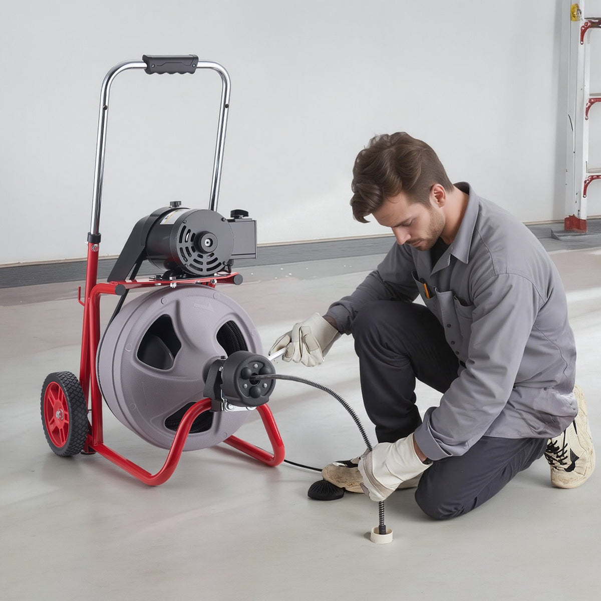Drain Cleaner Machine 22m x 9.5mm, Auto Feed Sewer Snake Drain Auger on Wheels, Portable Drain Cleaning Machine with 8 Cutters & Air-Activated Foot Switch for 50mm to 100mm Pipes