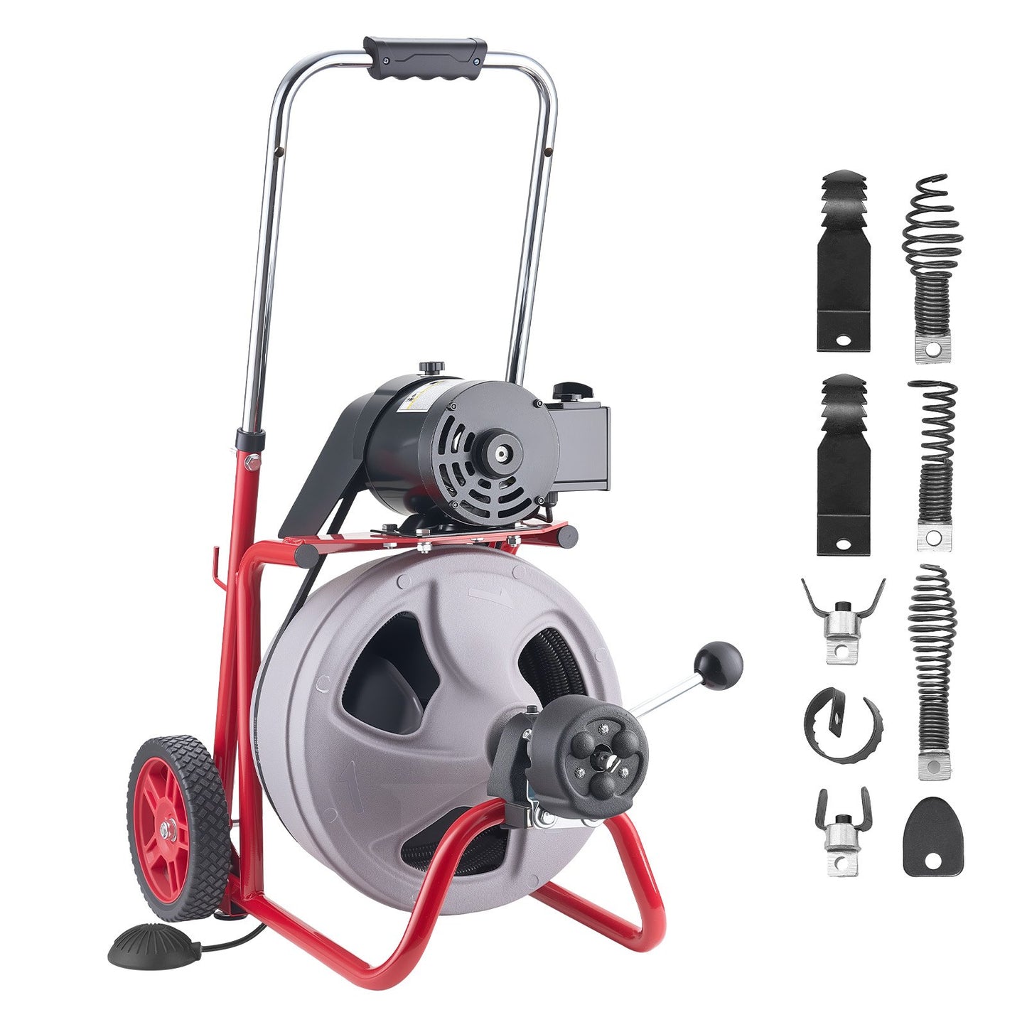Drain Cleaner Machine 22m x 9.5mm, Auto Feed Sewer Snake Drain Auger on Wheels, Portable Drain Cleaning Machine with 8 Cutters & Air-Activated Foot Switch for 50mm to 100mm Pipes