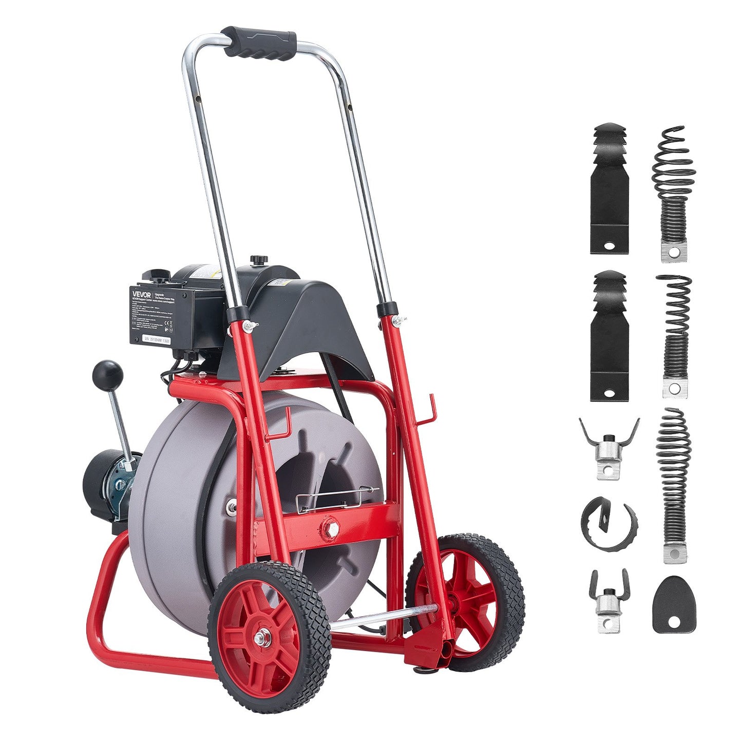 Drain Cleaner Machine 22m x 9.5mm, Auto Feed Sewer Snake Drain Auger on Wheels, Portable Drain Cleaning Machine with 8 Cutters & Air-Activated Foot Switch for 50mm to 100mm Pipes