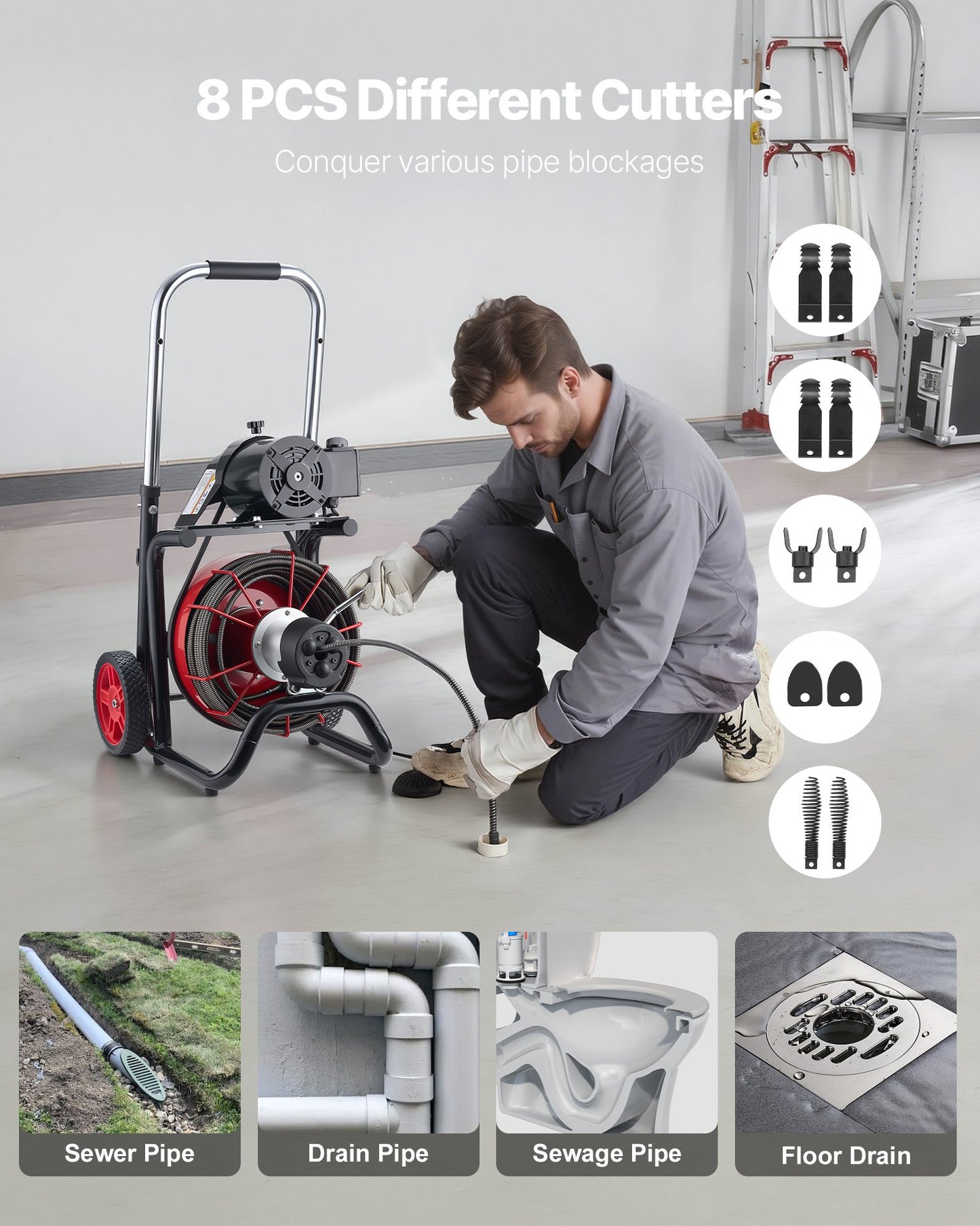 Drain Cleaner Machine 30m x 10.5mm, Auto Feed Sewer Snake Auger on Wheels - with 8 Cutters & Air-Activated Foot Switch for 50mm to 100mm Pipes