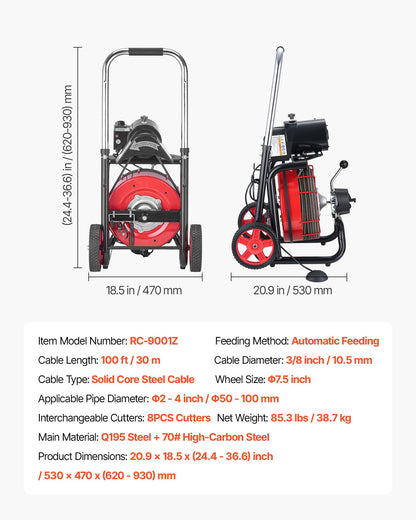 Drain Cleaner Machine 30m x 10.5mm, Auto Feed Sewer Snake Auger on Wheels - with 8 Cutters & Air-Activated Foot Switch for 50mm to 100mm Pipes