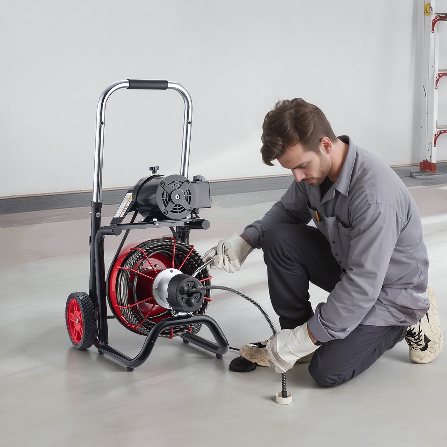 Drain Cleaner Machine 30m x 10.5mm, Auto Feed Sewer Snake Auger on Wheels - with 8 Cutters & Air-Activated Foot Switch for 50mm to 100mm Pipes