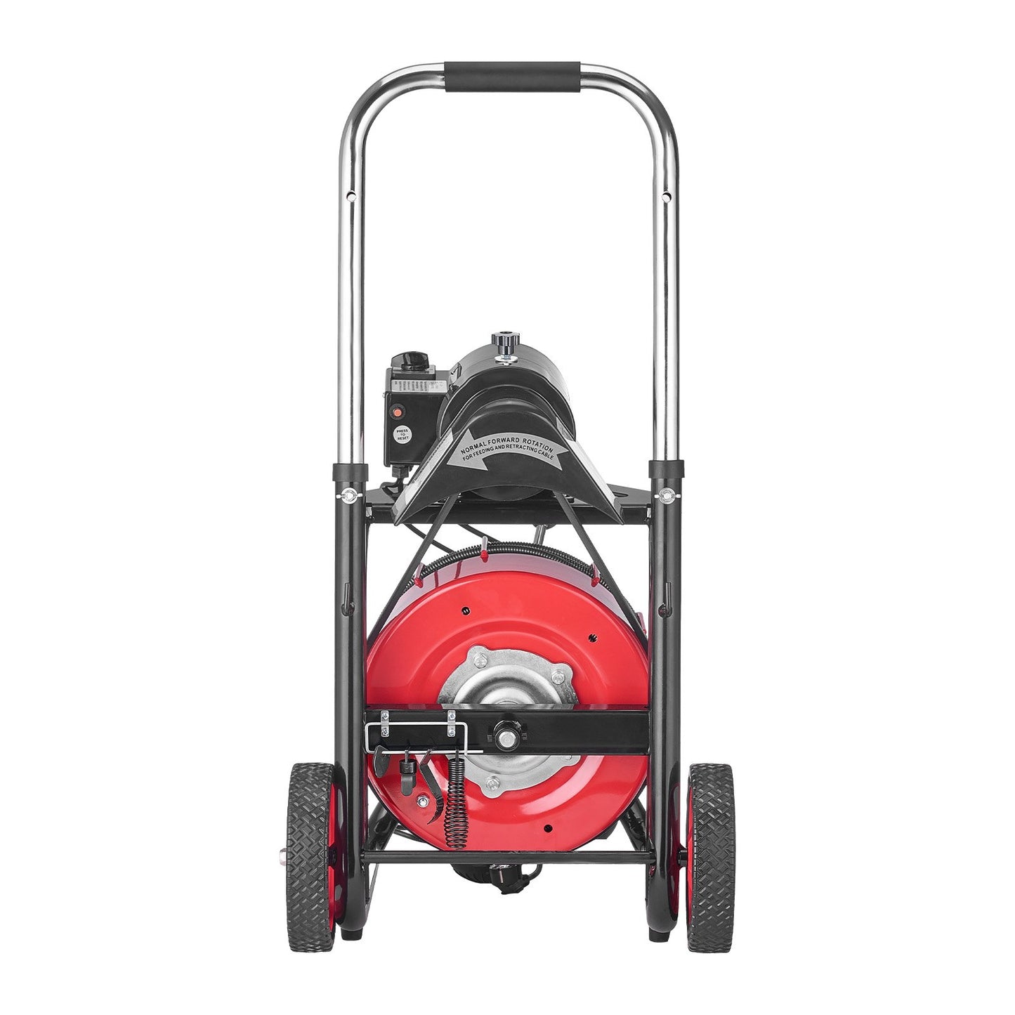 Drain Cleaner Machine 30m x 10.5mm, Auto Feed Sewer Snake Auger on Wheels - with 8 Cutters & Air-Activated Foot Switch for 50mm to 100mm Pipes