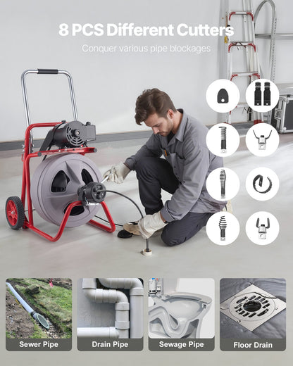 Drain Cleaner Machine 22m x 13mm, Auto Feed Sewer Snake Drain Auger on Wheels, Portable Drain Cleaning Machine with 8 Cutters & Air-Activated Foot Switch for 50mm to 150mm Pipes
