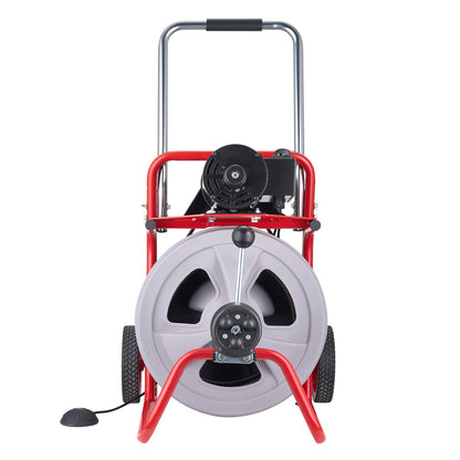 Drain Cleaner Machine 22m x 13mm, Auto Feed Sewer Snake Drain Auger on Wheels, Portable Drain Cleaning Machine with 8 Cutters & Air-Activated Foot Switch for 50mm to 150mm Pipes