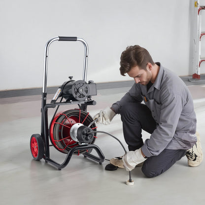 Drain Cleaner Machine 30m x 13mm, Auto Feed Sewer Snake Auger on Wheels - with 8 Cutters & Air-Activated Foot Switch for 50mm to 150mm Pipes
