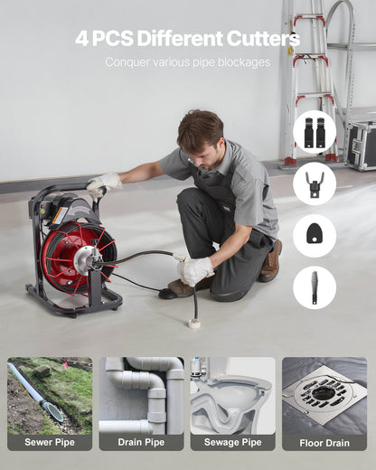 Drain Cleaner Machine 15m x 8mm, Auto Feed Sewer Snake Auger with 4 Cutters & Air-activated Foot Switch for 50mm to 100mm Pipes