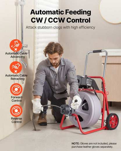 Drain Cleaner Machine 30m x 13mm, Auto Feed Sewer Snake Drain Auger on Wheels, Portable Drain Cleaning Machine with 8 Cutters & Air-Activated Foot Switch for 50mm to 150mm Pipes