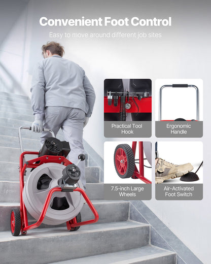 Drain Cleaner Machine 30m x 13mm, Auto Feed Sewer Snake Drain Auger on Wheels, Portable Drain Cleaning Machine with 8 Cutters & Air-Activated Foot Switch for 50mm to 150mm Pipes
