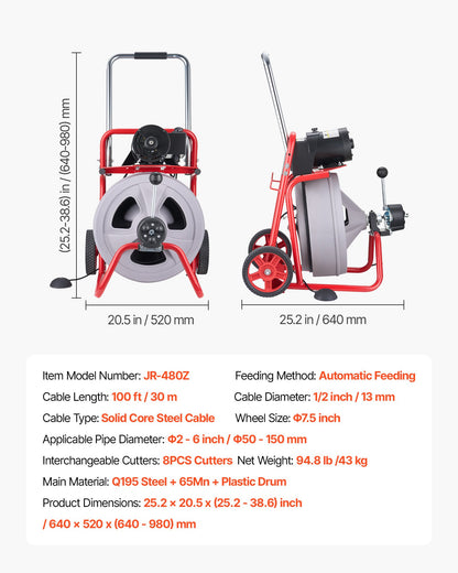 Drain Cleaner Machine 30m x 13mm, Auto Feed Sewer Snake Drain Auger on Wheels, Portable Drain Cleaning Machine with 8 Cutters & Air-Activated Foot Switch for 50mm to 150mm Pipes
