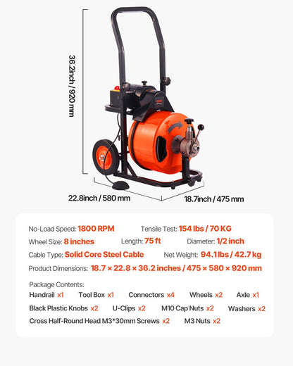 Drain Cleaner Machine 22m x 13mm, Auto Feed Sewer Snake Auger on Wheels, Portable Drain Cleaning Machine with 4 Cutters & Air-activated Foot Switch for 50mm to 150mm Pipes