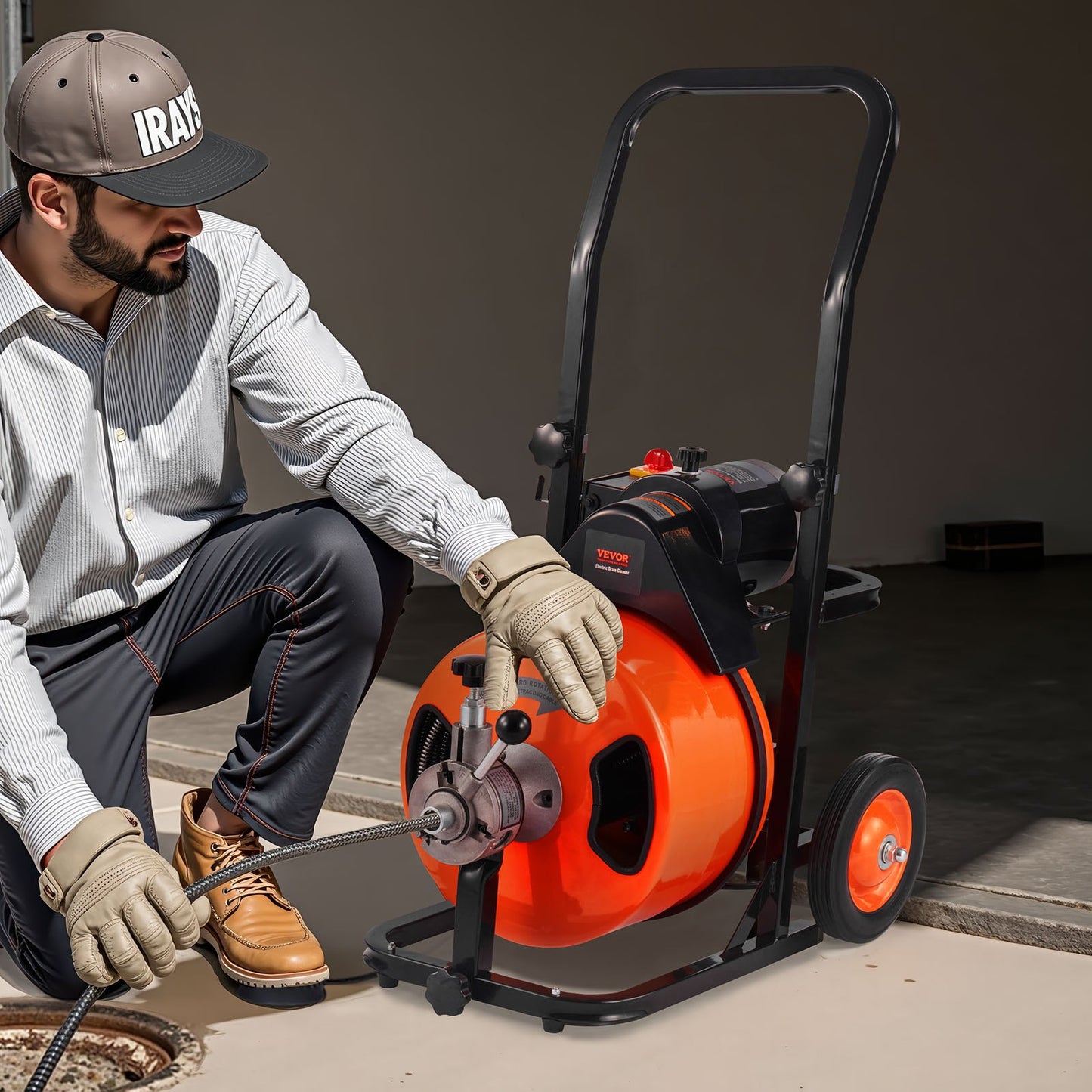 Drain Cleaner Machine 22m x 13mm, Auto Feed Sewer Snake Auger on Wheels, Portable Drain Cleaning Machine with 4 Cutters & Air-activated Foot Switch for 50mm to 150mm Pipes
