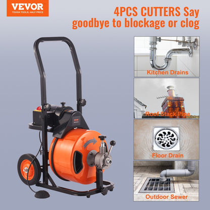 Electric Drain Auger Machine, 23m x 1.27cm, Auto Feed with Foot Control