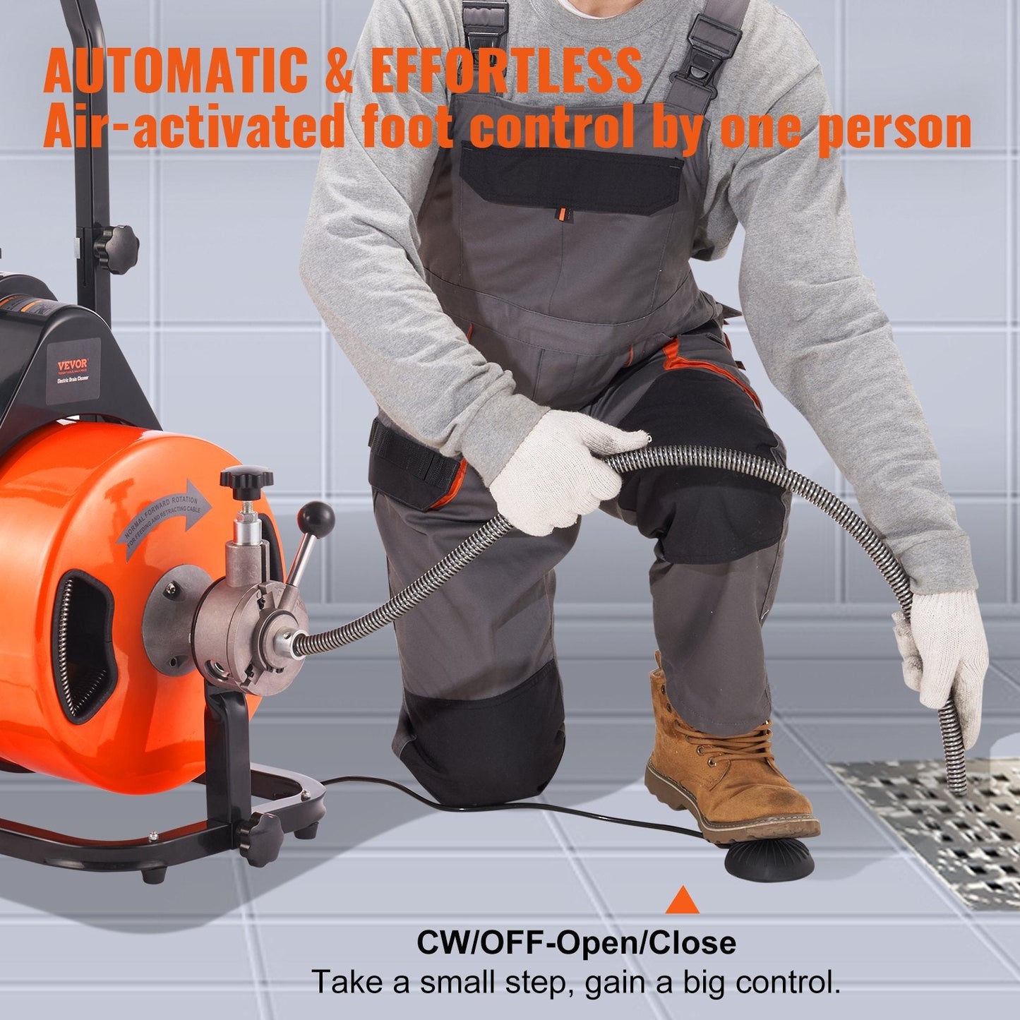 Electric Drain Auger Machine, 23m x 1.27cm, Auto Feed with Foot Control
