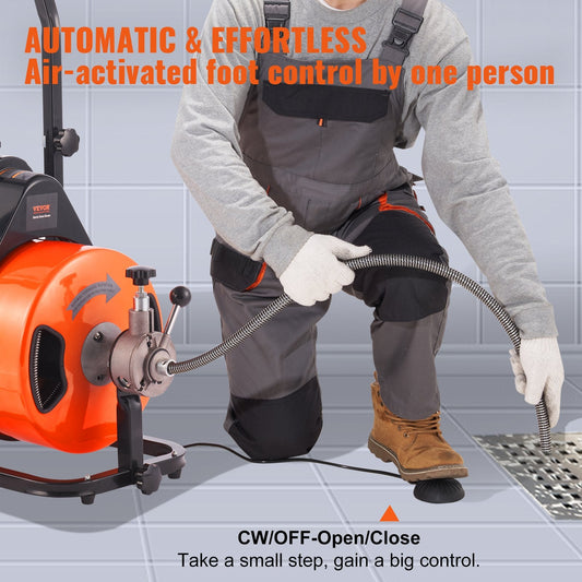 Electric Drain Auger Machine, 23m x 1.27cm, Auto Feed with Foot Control