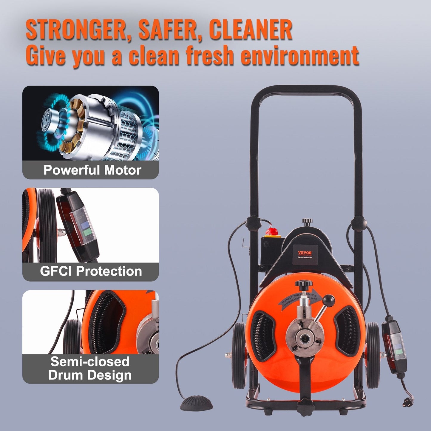 Electric Drain Auger Machine, 23m x 1.27cm, Auto Feed with Foot Control