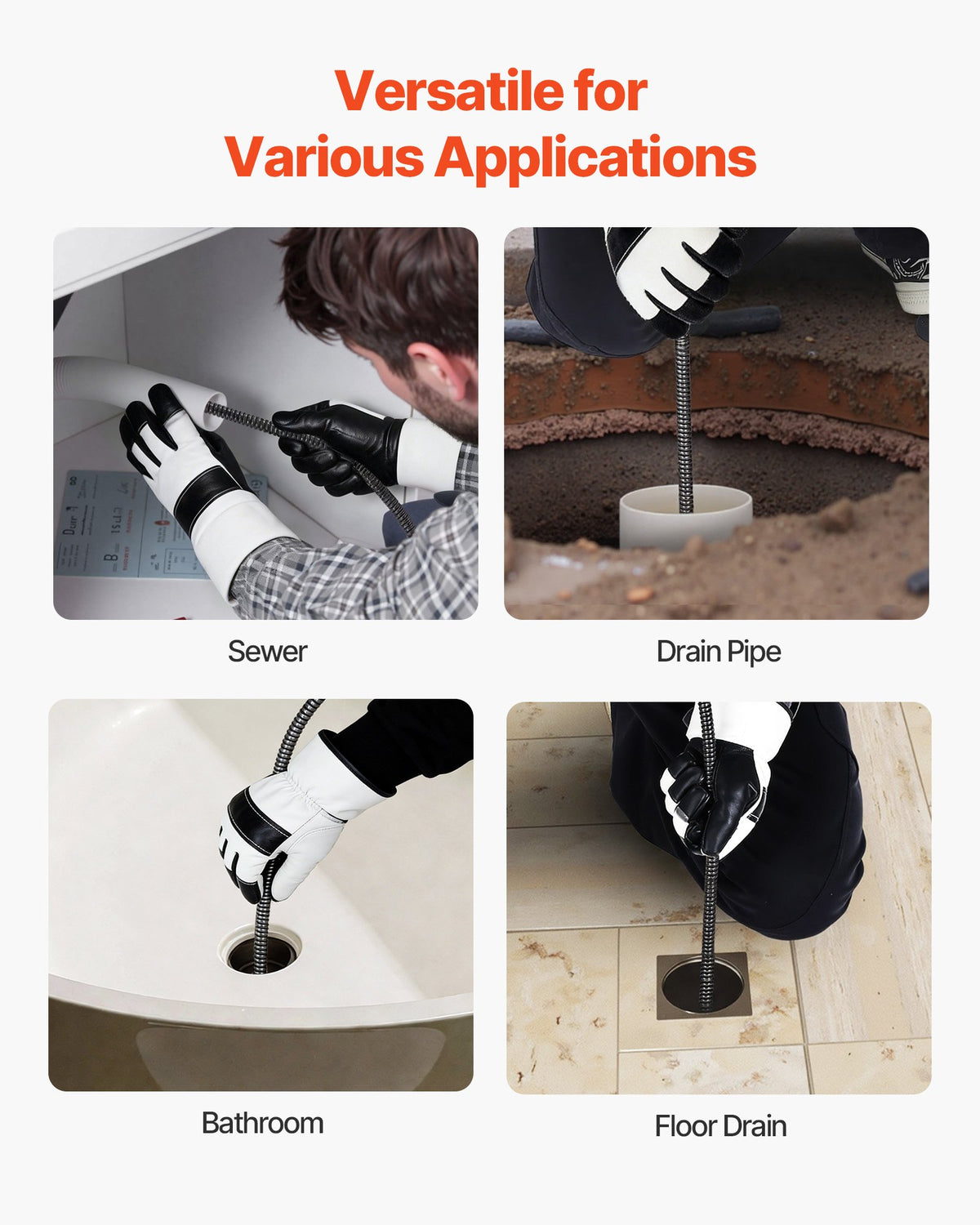 Drain Cleaner Machine 15m x 9.5mm, Auto Feed Sewer Snake Auger on Wheels, Portable Drain Cleaning Machine with 4 Cutters & Air-activated Foot Switch for 50mm to 100mm Pipes