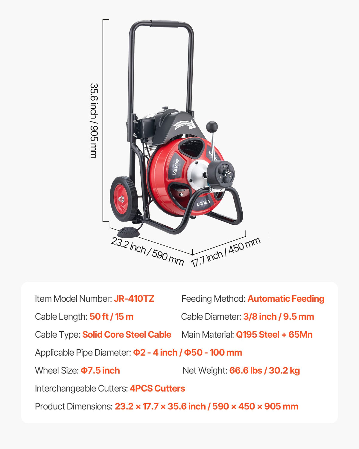 Drain Cleaner Machine 15m x 9.5mm, Auto Feed Sewer Snake Auger on Wheels, Portable Drain Cleaning Machine with 4 Cutters & Air-activated Foot Switch for 50mm to 100mm Pipes