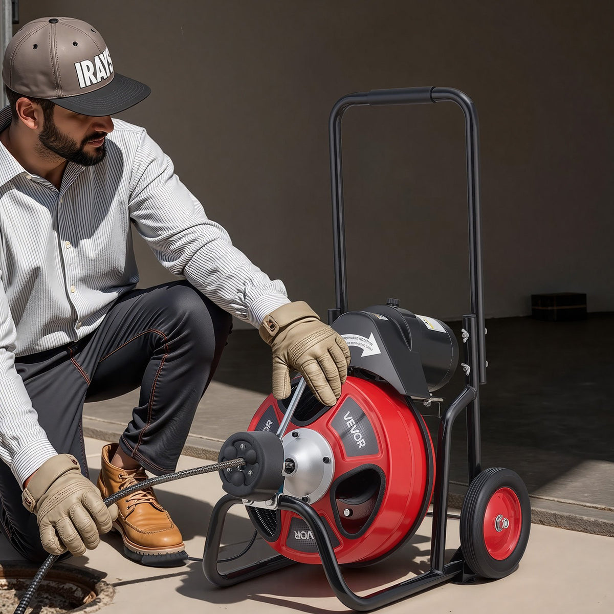 Drain Cleaner Machine 15m x 9.5mm, Auto Feed Sewer Snake Auger on Wheels, Portable Drain Cleaning Machine with 4 Cutters & Air-activated Foot Switch for 50mm to 100mm Pipes