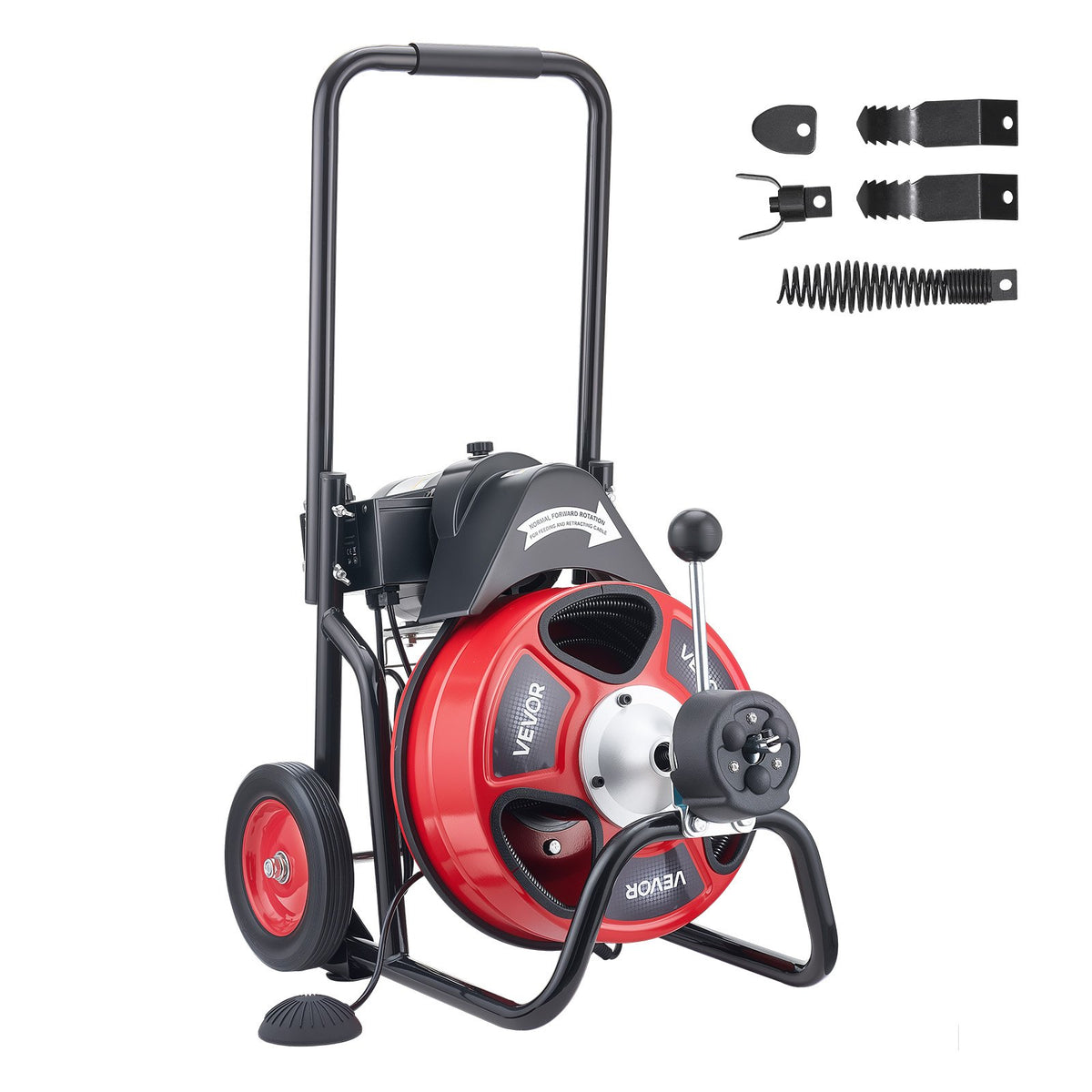 Drain Cleaner Machine 15m x 9.5mm, Auto Feed Sewer Snake Auger on Wheels, Portable Drain Cleaning Machine with 4 Cutters & Air-activated Foot Switch for 50mm to 100mm Pipes