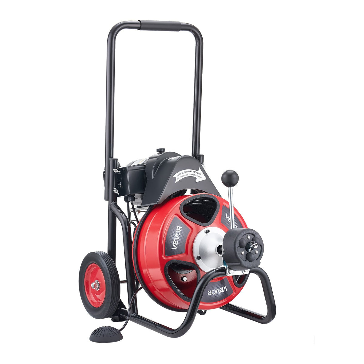 Drain Cleaner Machine 15m x 9.5mm, Auto Feed Sewer Snake Auger on Wheels, Portable Drain Cleaning Machine with 4 Cutters & Air-activated Foot Switch for 50mm to 100mm Pipes