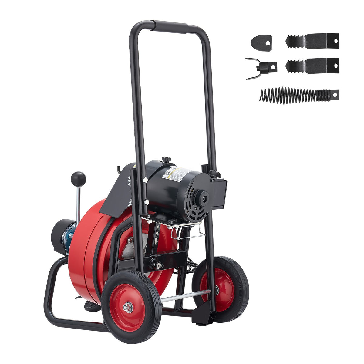 Drain Cleaner Machine 15m x 9.5mm, Auto Feed Sewer Snake Auger on Wheels, Portable Drain Cleaning Machine with 4 Cutters & Air-activated Foot Switch for 50mm to 100mm Pipes