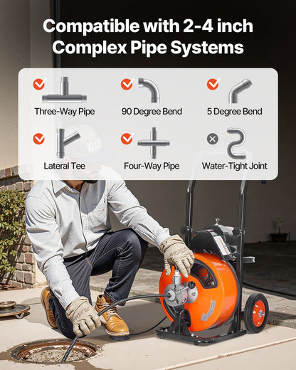 Drain Cleaner Machine 15m x 13mm, Auto Feed Sewer Snake Auger on Wheels, Portable Drain Cleaning Machine with 4 Cutters & Air-activated Foot Switch for 50mm to 150mm Pipes