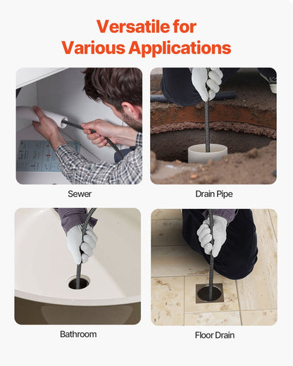 Drain Cleaner Machine 15m x 13mm, Auto Feed Sewer Snake Auger on Wheels, Portable Drain Cleaning Machine with 4 Cutters & Air-activated Foot Switch for 50mm to 150mm Pipes
