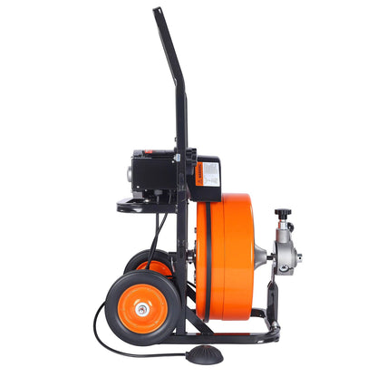 Drain Cleaner Machine 15m x 13mm, Auto Feed Sewer Snake Auger on Wheels, Portable Drain Cleaning Machine with 4 Cutters & Air-activated Foot Switch for 50mm to 150mm Pipes