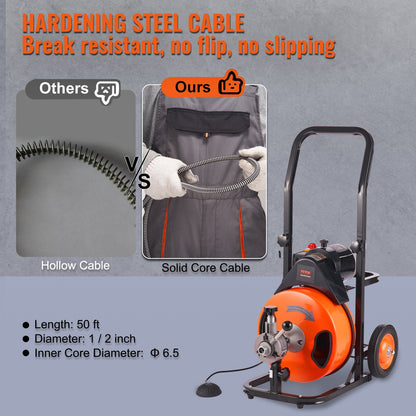 50-Foot Sewer Snake Machine with Auto Feed & 4 Cutters for Drain Cleaning