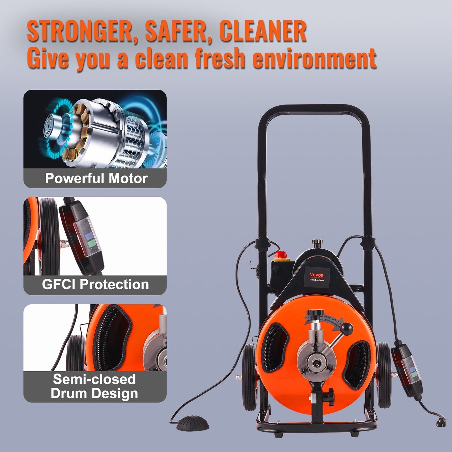 50-Foot Sewer Snake Machine with Auto Feed & 4 Cutters for Drain Cleaning