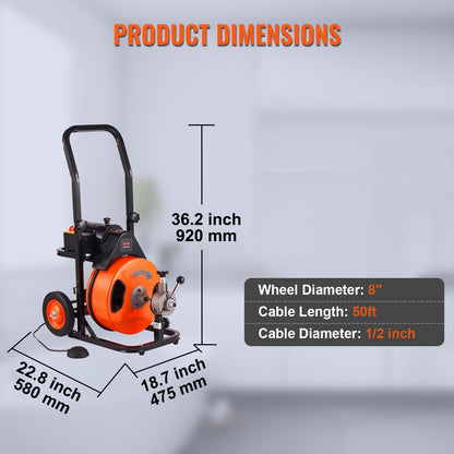 50-Foot Sewer Snake Machine with Auto Feed & 4 Cutters for Drain Cleaning