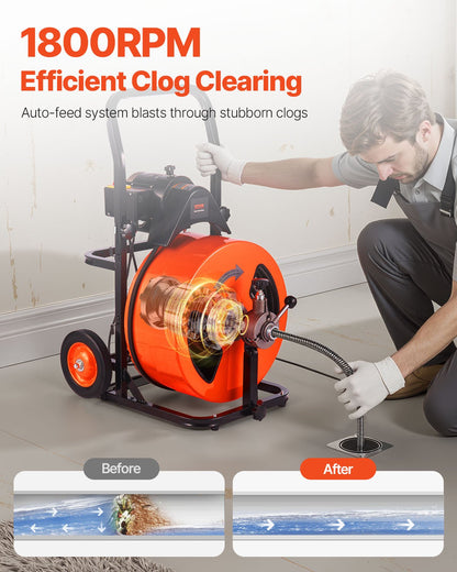 Drain Cleaner Machine 30m x 19mm, Auto Feed Sewer Snake Auger on Wheels, Portable Drain Cleaning Machine with 4 Cutters & Air-activated Foot Switch for 100mm to 200mm Pipes