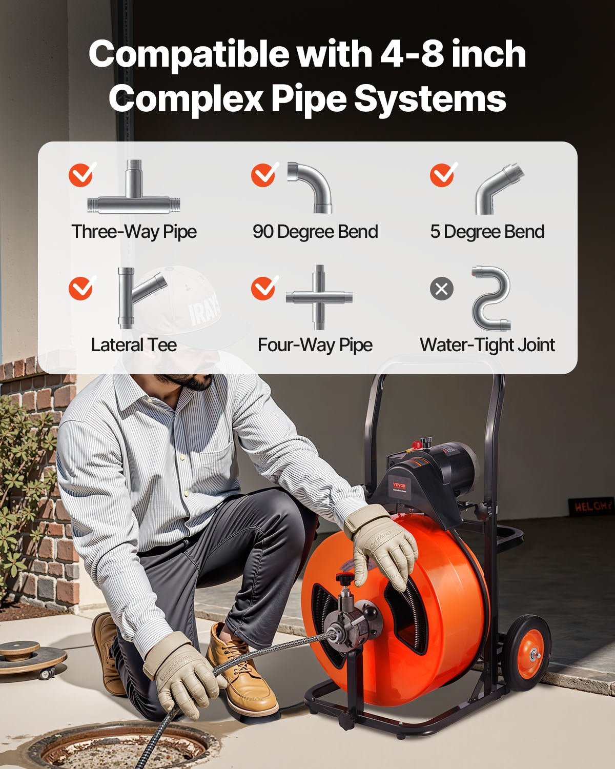 Drain Cleaner Machine 30m x 19mm, Auto Feed Sewer Snake Auger on Wheels, Portable Drain Cleaning Machine with 4 Cutters & Air-activated Foot Switch for 100mm to 200mm Pipes