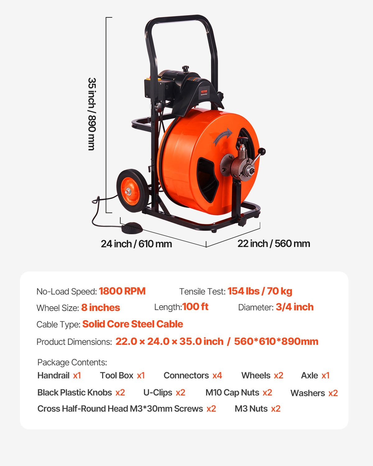 Drain Cleaner Machine 30m x 19mm, Auto Feed Sewer Snake Auger on Wheels, Portable Drain Cleaning Machine with 4 Cutters & Air-activated Foot Switch for 100mm to 200mm Pipes