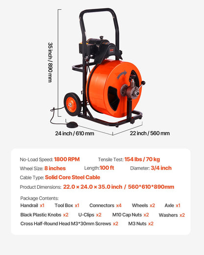 Drain Cleaner Machine 30m x 19mm, Auto Feed Sewer Snake Auger on Wheels, Portable Drain Cleaning Machine with 4 Cutters & Air-activated Foot Switch for 100mm to 200mm Pipes