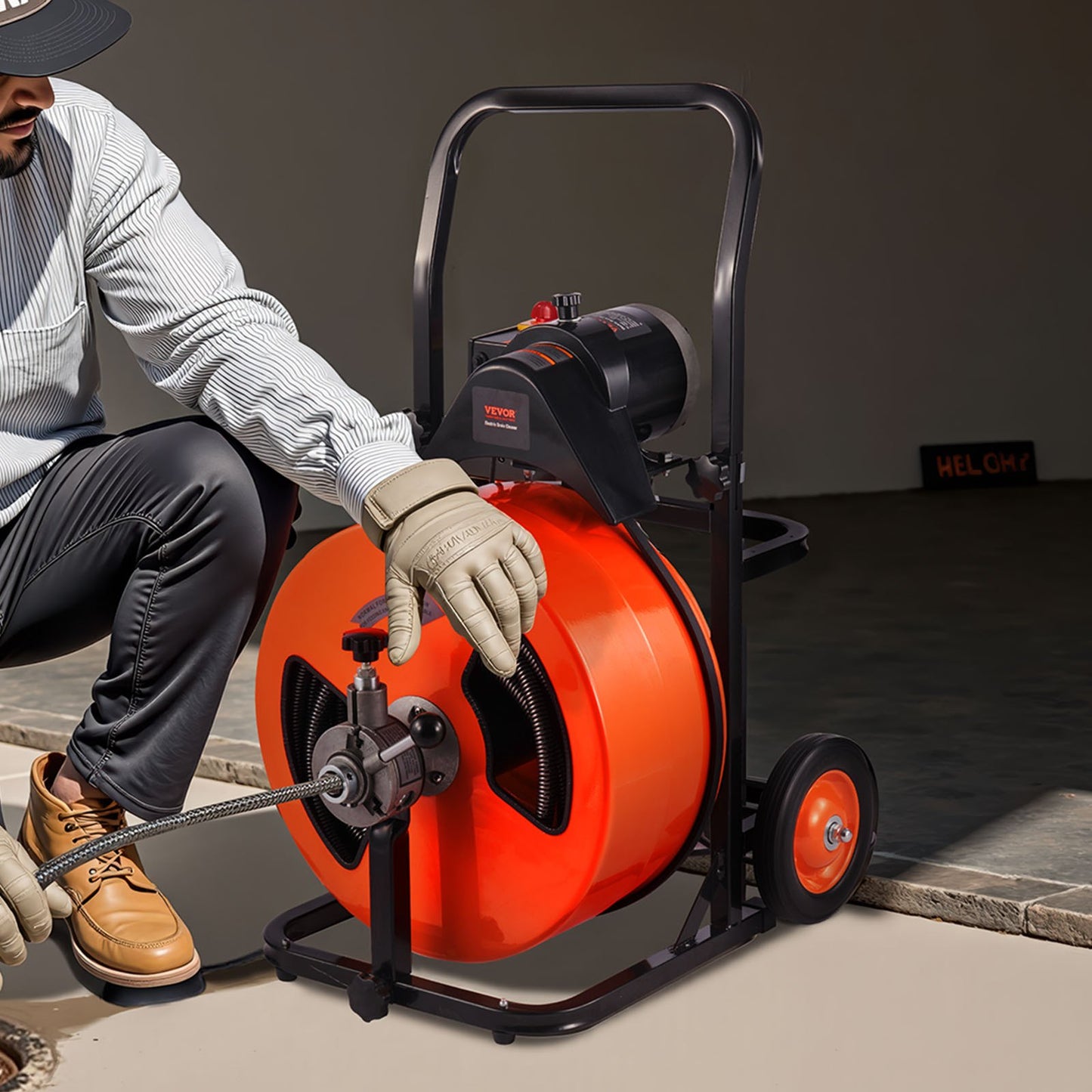 Drain Cleaner Machine 30m x 19mm, Auto Feed Sewer Snake Auger on Wheels, Portable Drain Cleaning Machine with 4 Cutters & Air-activated Foot Switch for 100mm to 200mm Pipes
