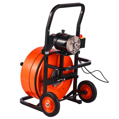 Drain Cleaner Machine 30m x 19mm, Auto Feed Sewer Snake Auger on Wheels, Portable Drain Cleaning Machine with 4 Cutters & Air-activated Foot Switch for 100mm to 200mm Pipes