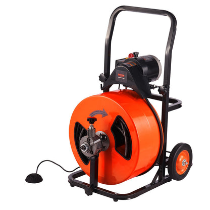 Drain Cleaner Machine 30m x 19mm, Auto Feed Sewer Snake Auger on Wheels, Portable Drain Cleaning Machine with 4 Cutters & Air-activated Foot Switch for 100mm to 200mm Pipes