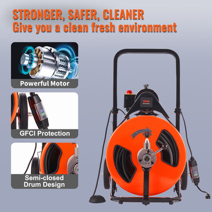 VEVOR Drain Cleaner Machine Electric Drain Auger 100 FT x 3/4In Auto Feed