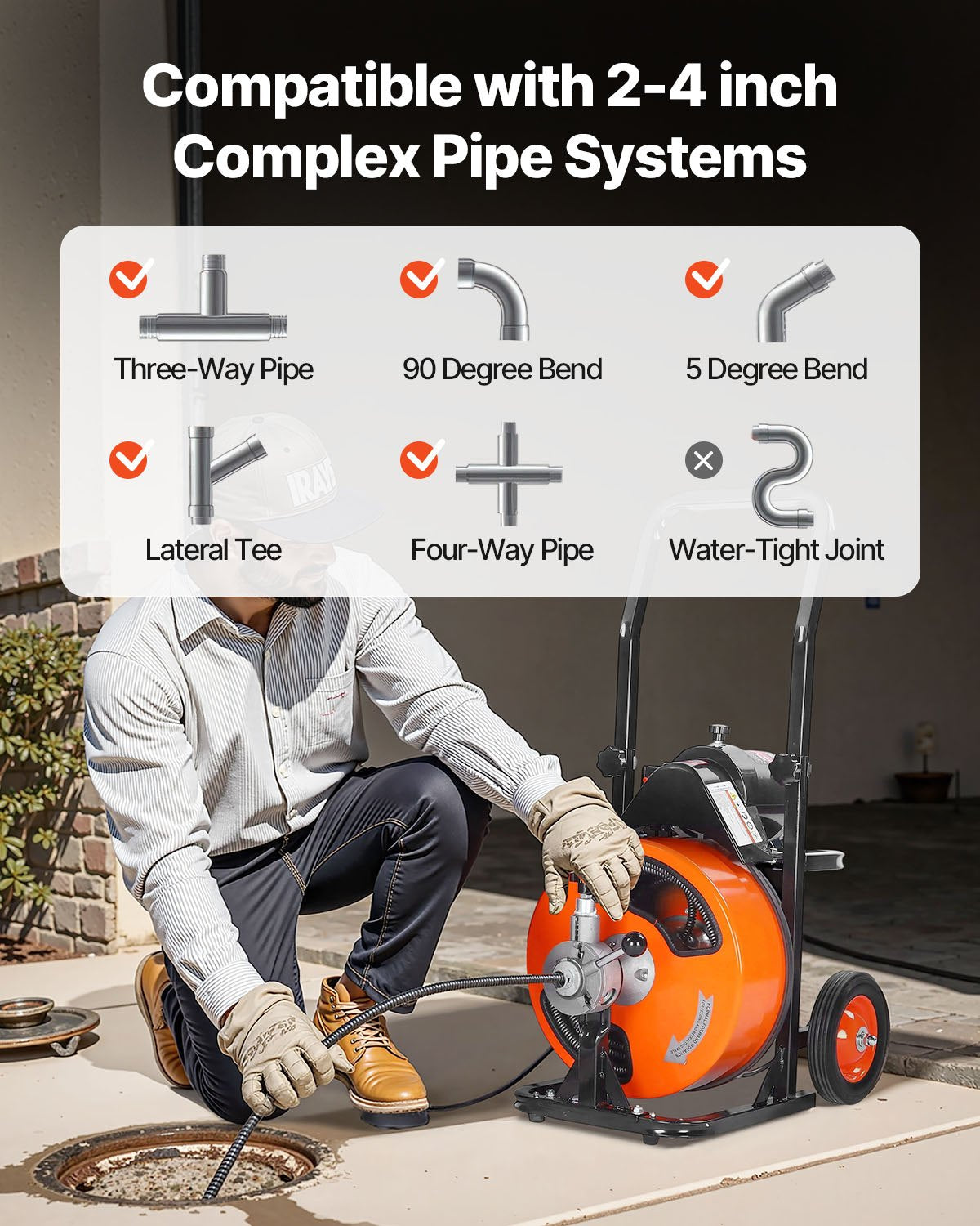 Drain Cleaner Machine 30m x 9.5mm, Auto Feed Sewer Snake Auger on Wheels, Portable Drain Cleaning Machine with 4 Cutters & Air-activated Foot Switch for 50mm to 100mm Pipes