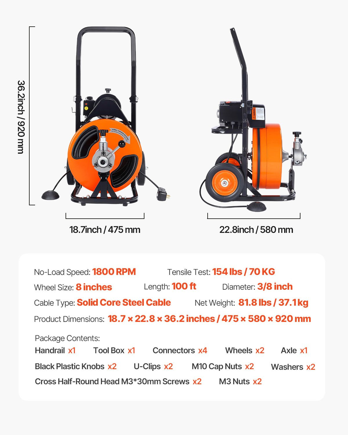 Drain Cleaner Machine 30m x 9.5mm, Auto Feed Sewer Snake Auger on Wheels, Portable Drain Cleaning Machine with 4 Cutters & Air-activated Foot Switch for 50mm to 100mm Pipes