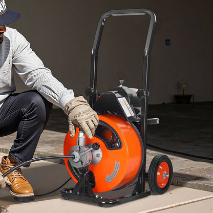 Drain Cleaner Machine 30m x 9.5mm, Auto Feed Sewer Snake Auger on Wheels, Portable Drain Cleaning Machine with 4 Cutters & Air-activated Foot Switch for 50mm to 100mm Pipes