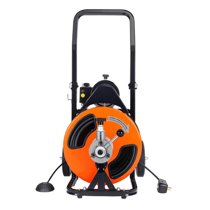 Drain Cleaner Machine 30m x 9.5mm, Auto Feed Sewer Snake Auger on Wheels, Portable Drain Cleaning Machine with 4 Cutters & Air-activated Foot Switch for 50mm to 100mm Pipes