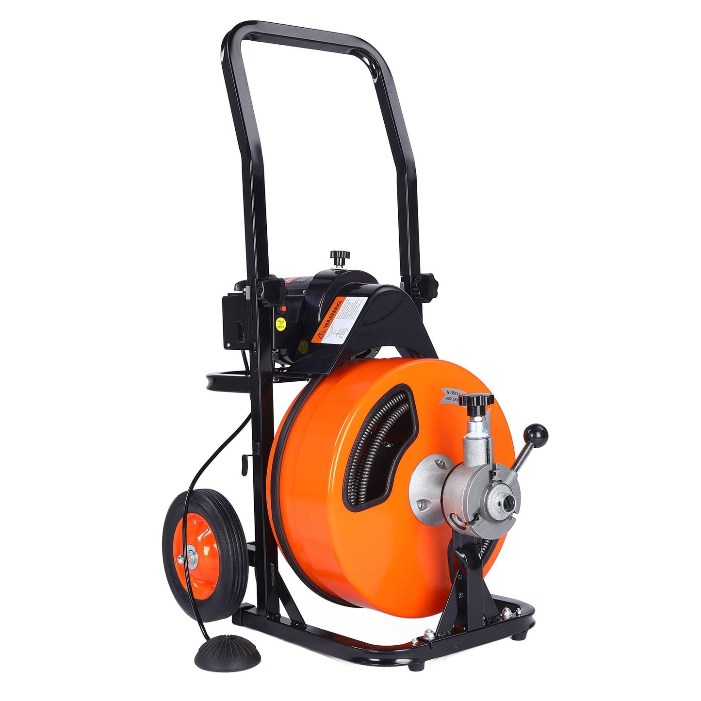 Drain Cleaner Machine 30m x 9.5mm, Auto Feed Sewer Snake Auger on Wheels, Portable Drain Cleaning Machine with 4 Cutters & Air-activated Foot Switch for 50mm to 100mm Pipes